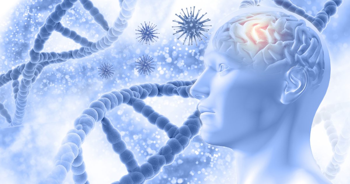 Graphic illustration of man with brain and DNA sequence in background